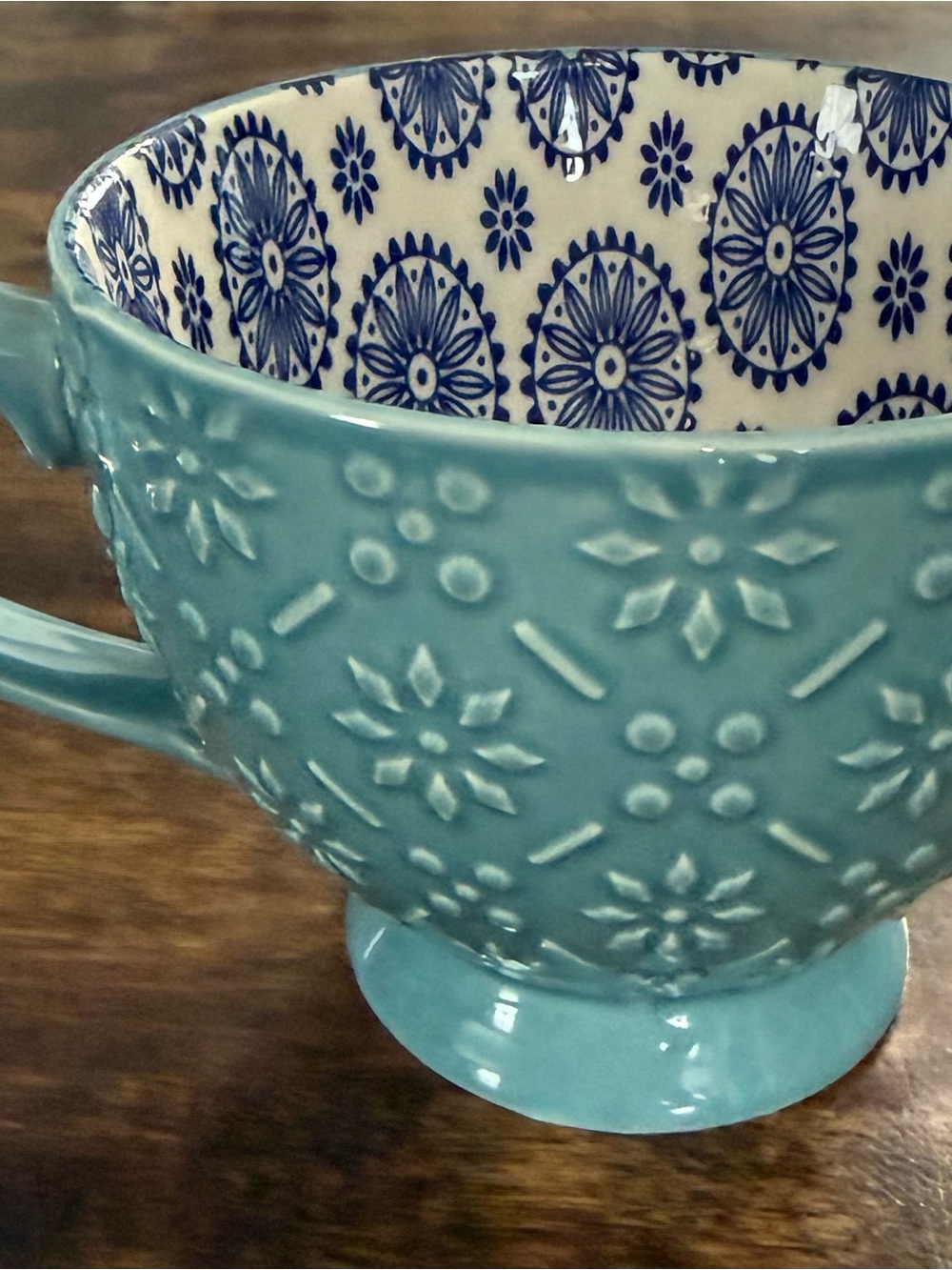 Teal Signature Housewares Embossed Stoneware Mug with Blue Patterned Interior - Picture 3 of 9